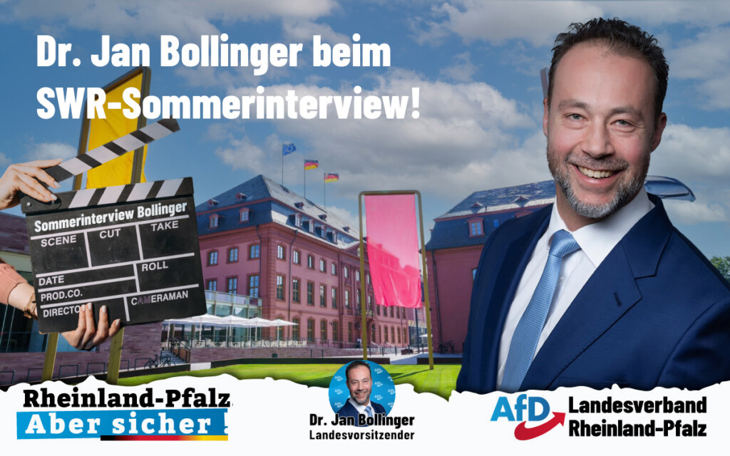 Dr. Jan Bollinger beantwortet beim SWR Sommerinterview Fragen vor dem Landtag in Mainz