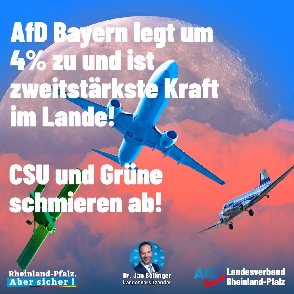 Aufsteigendes Flugzeug der AfD und sinkendes bzw. abschmierendes Flugzeug der CSU und Grünen